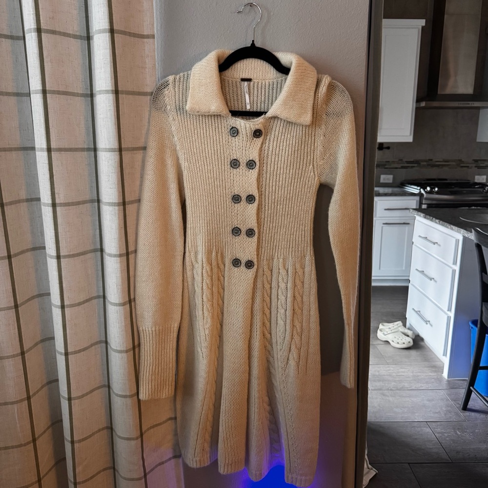 FreePeople Cream Knit Button-Up Sweater Dress